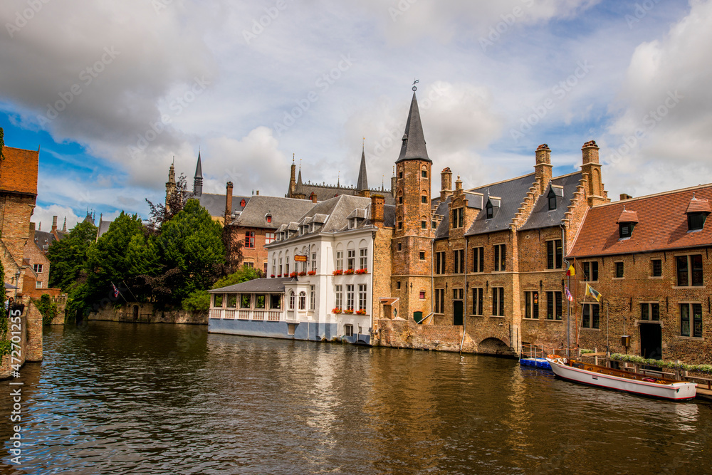 Canal scene, Bruges, West Flanders, Belgium.