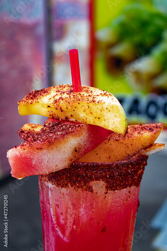 Closeup of a Traditional Aguas Frescas Beverage with Fruit Slices and Spices at the 2019 San Diego County Fair