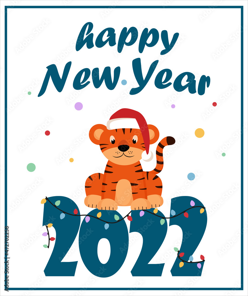 Happy New Year greeting card in cartoon style with cute little christmas tiger in santa hat and garland.