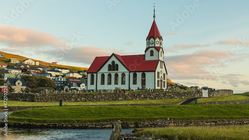 Europe, Faroe Islands. View of the Sandavags kirkja, a church in the village of Sandavagur on the island of Vagar. photo