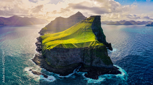 Europe, Faroe Islands. Aerial view of Trollanes, location of a lighthouse on the northern end of the island of Kalsoy. photo
