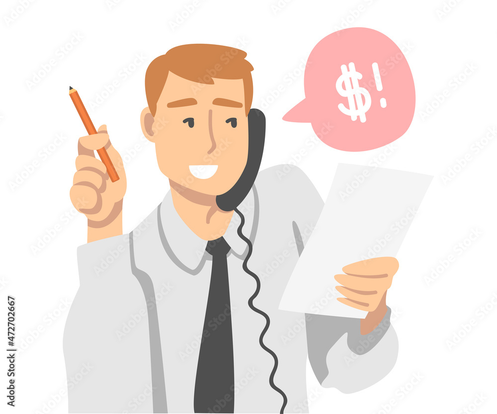 Office Employee in White Shirt and Tie Speaking by Phone Working Having Day Routine Vector Illustration Office Employee in White Shirt and Tie Speaking by Phone Working Having Day Routine Vector Illustration