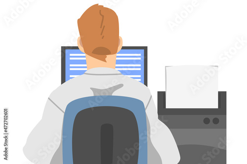Office Employee Sitting at Laptop Working as Day Routine Vector Illustration