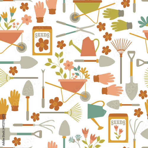 Seamless pattern with assorted cute gardening tools including wheelbarrow, watering can, rakes, shovels, gloves and flower seed packets