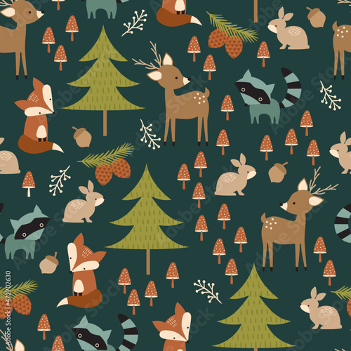 Cute woodland animals seamless pattern.  Includes deer, fox, bunnies, raccoon, trees and mushrooms.   