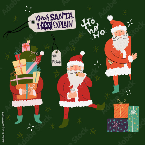 Three hand drawn Santa Clauses - holding a huge pile of presents, eating cookie and peeking from behind the corner. Great for holiday stickers, greeting card, social media posts, print, t-shirt.