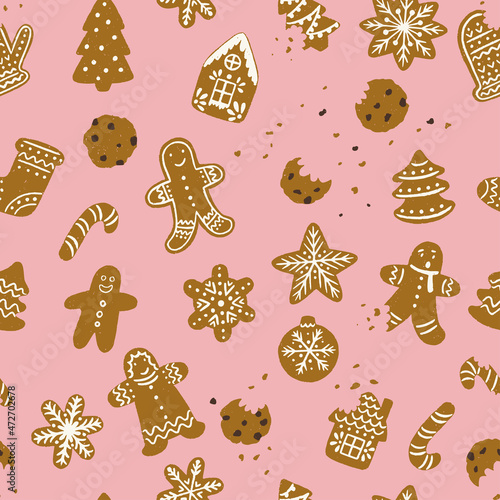Seamless pattern with bunch of hand drawn holiday cookies. Christmas tree, toy, star, snowflake, gingerbread man, house, sock. Background for Christmas cookie recipe, blog, bakery or holiday card.