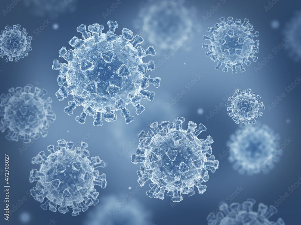 Coronavirus cells in an electron microscope. 3D illustration