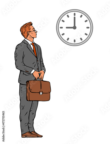 The young businessman is punctual in time. Standing in a business suit with a briefcase. Opposite the clock. Vector isolated pop art illustration hand drawn. White background