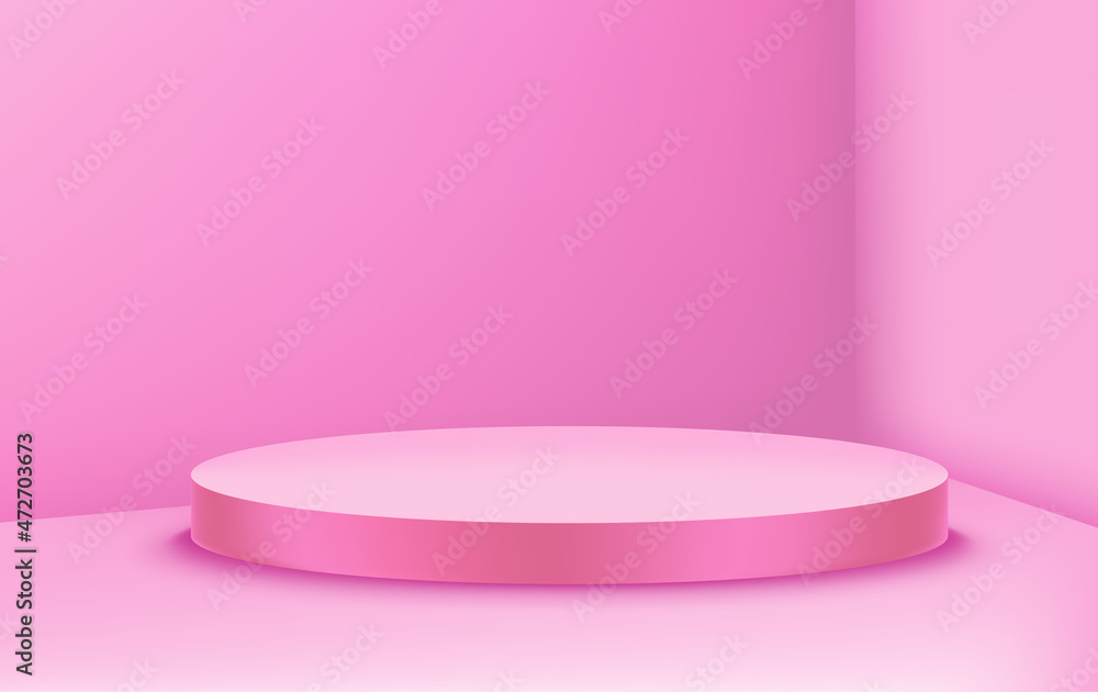 Pink room corner with circle podium. Realistic 3d style vector illustration