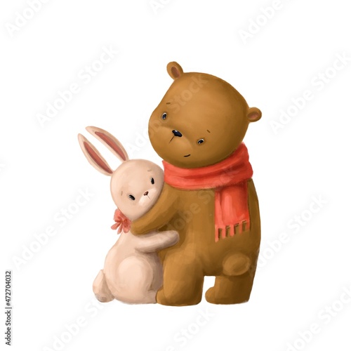 bear and hare tender hugs, watercolor style illustration, valentines clipart with cartoon character photo