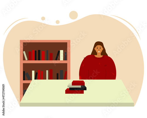 A dark-haired white woman in a warm woolen red sweater sitting at a table, in the background a bookshelf, and on the table in front of her a stack of books. Vector illustration 