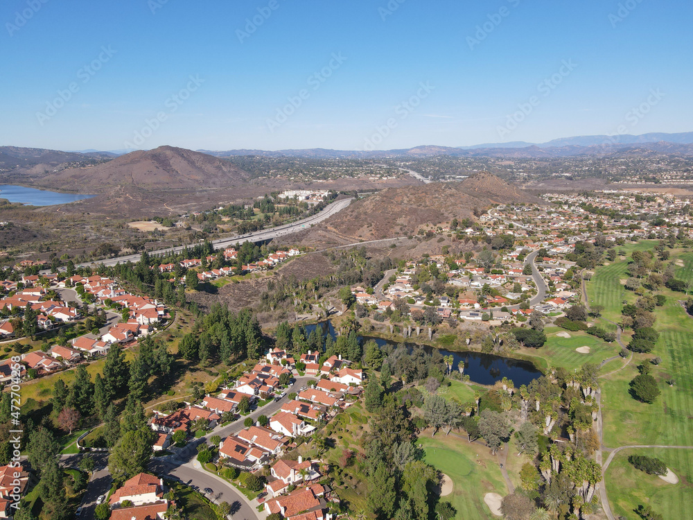 Aerial top view of residential houses community in San Diego, South California, USA.
