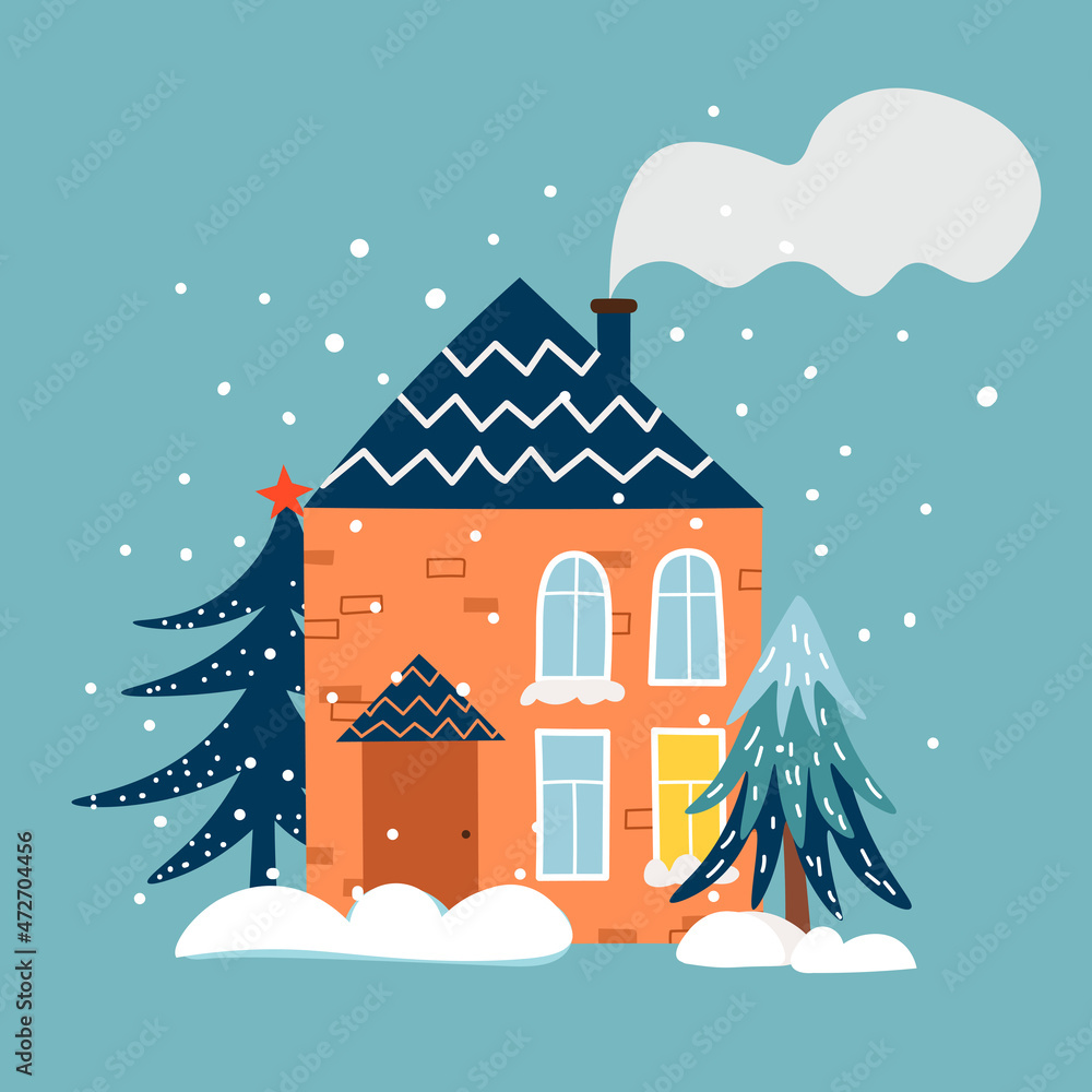 Cute winter house and trees. Pre-made composition for cards, posters and print