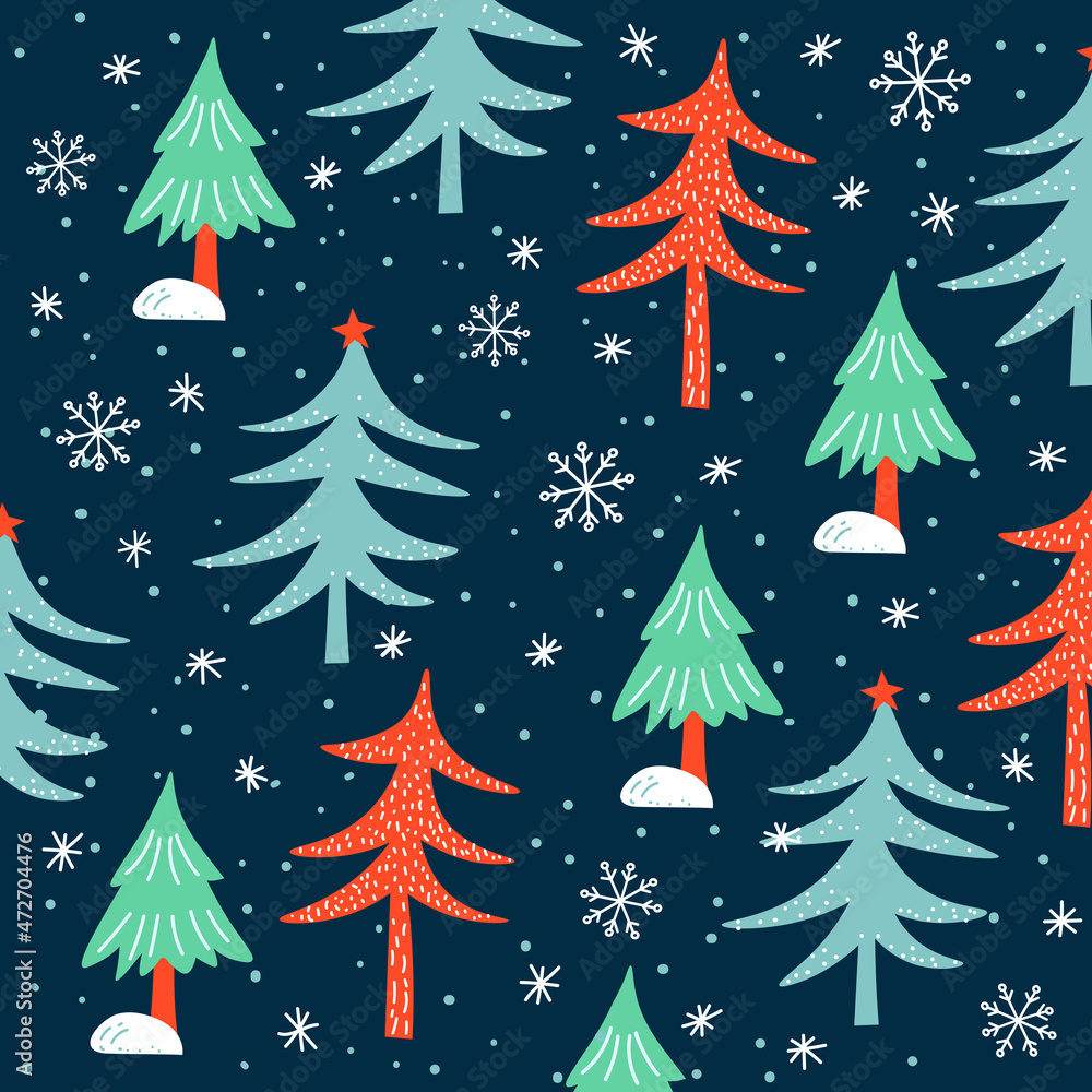 Decorative pattern with winter trees and snowflakes. Holiday pattern for wrapping paper or prints