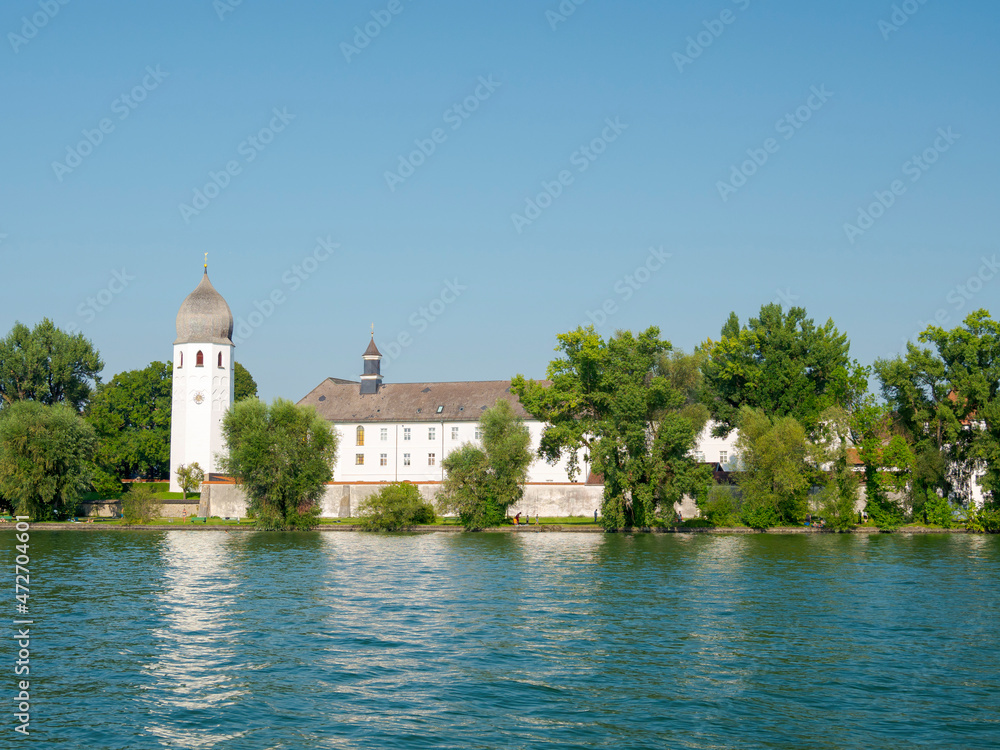 Monastery Frauenworth on the island Fraueninsel. Lake Chiemsee in the Chiemgau. The foothills of the Bavarian Alps in Upper Bavaria, Germany