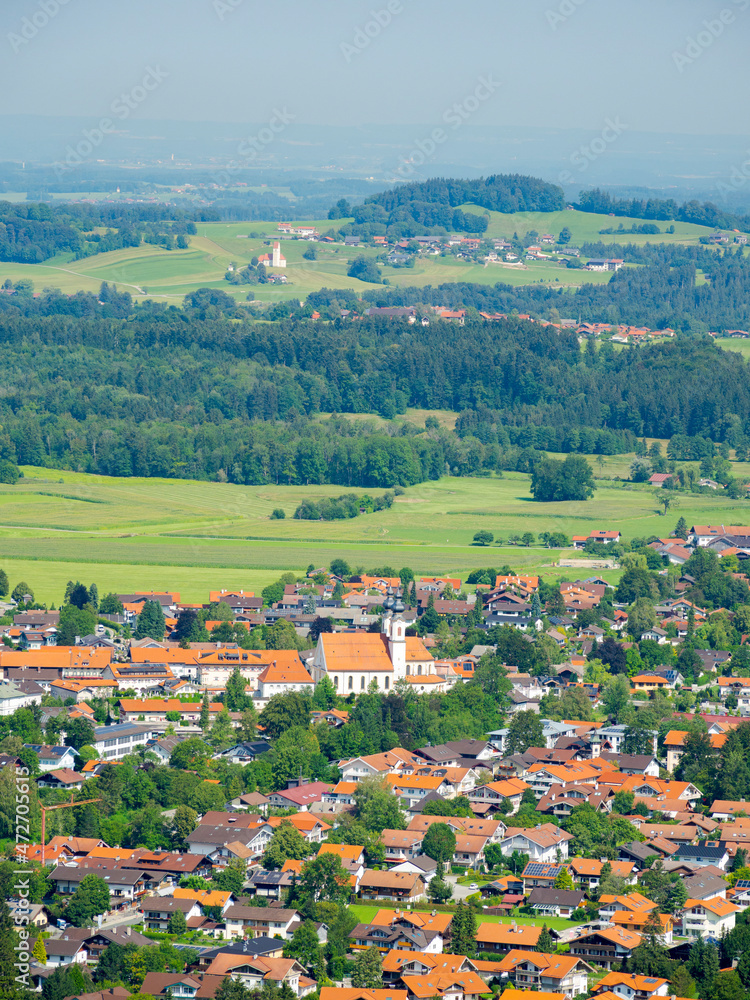 Aerial view of Aschau in the Chiemgau in the Bavarian alps. Europe, Germany, Bavaria