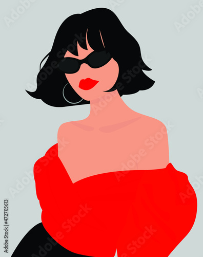 Girl with short hair in glasses, with red lips. A charming girl in a red blouse and black skirt. Vector flat image for avatars, posters, backgrounds, templates, cards, textiles.
