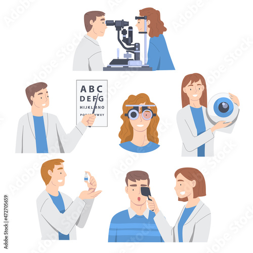 Ophthalmology with Health Care Professional Engaged in Eye Examination and Sight Test Vector Set