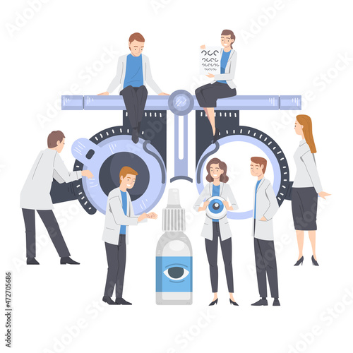 Ophthalmology with Health Care Professional Near Huge Refractometer Engaged in Eye Examination and Sight Test Vector Illustration