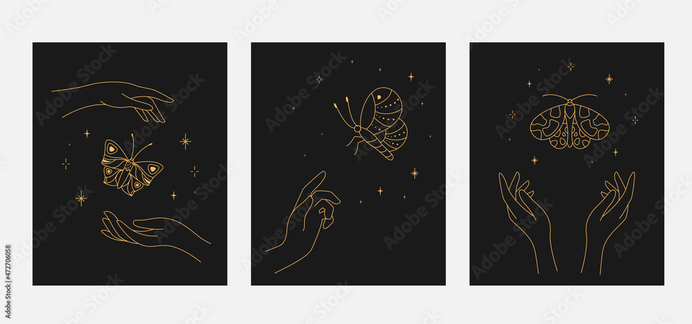 Magic butterflies and hands posters set