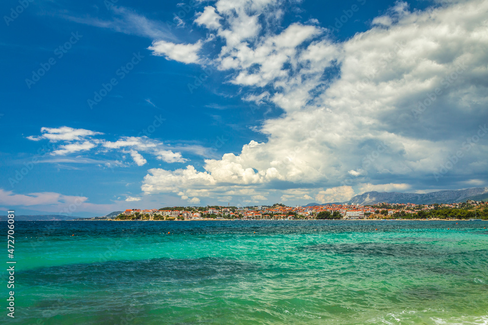 Adriatic coast with Stobrec historical village near of Split town on background, Croatia, Europe.