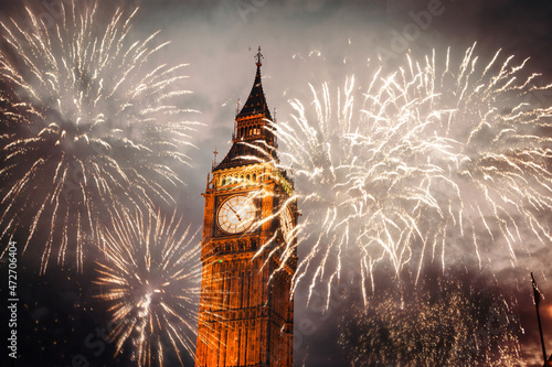 fireworks over Big Ben New Year celebrations in London, UK #472706404