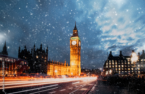 snowfall over Big Ben winter in London