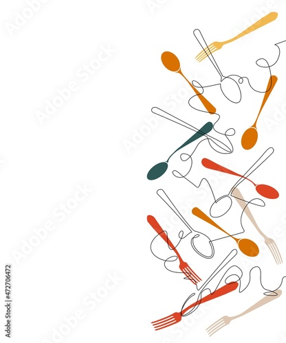 Vertical pattern with Spoons. Cooking Background. Continuous drawing style. Can be yused for  to decorate a cook book, in social media, websites, for menu, banner, flyer, cover, restaurant identity. 