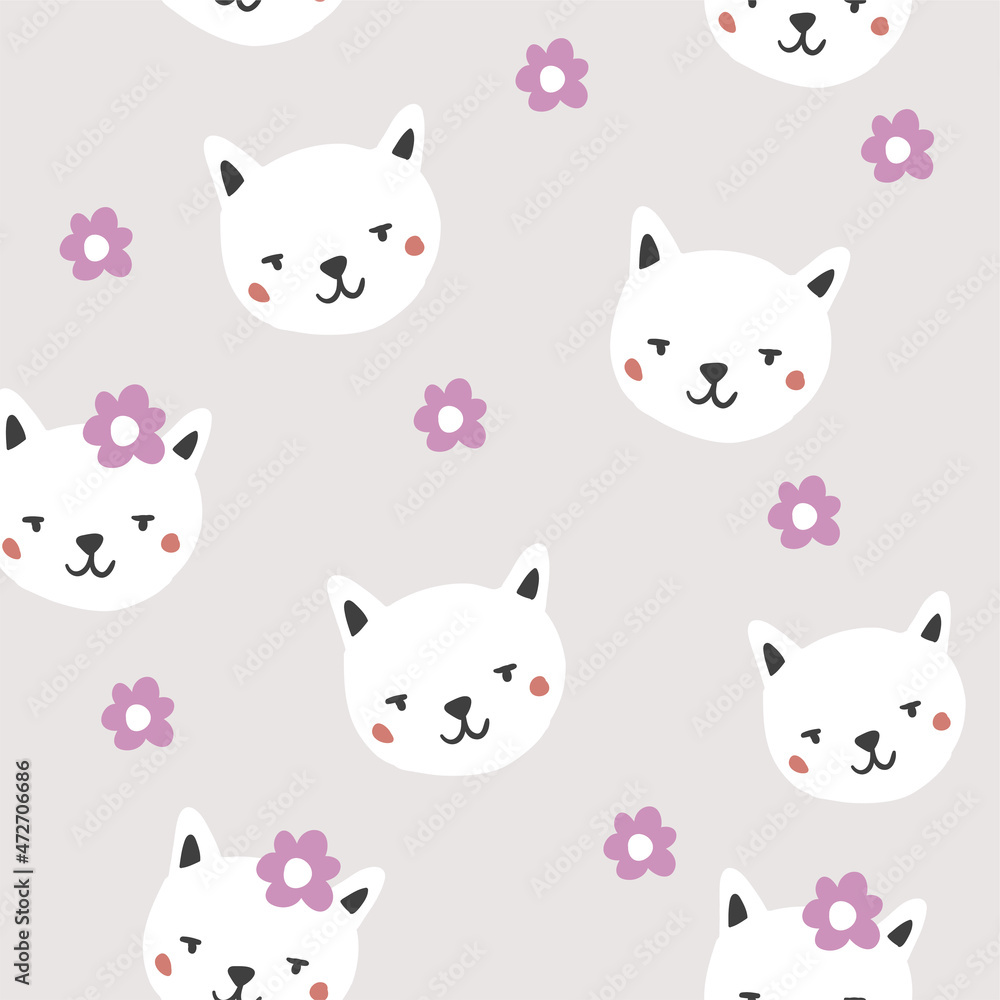 Seamless childish pattern with cute girl cats faces and flowers. Creative kids hand drawn texture for fabric, wrapping, textile, wallpaper, apparel. Vector illustration
