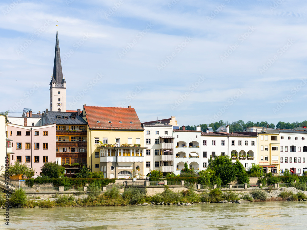 The famous waterfront and river Inn. The medieval old town of Wasserburg am Inn in the Chiemgau region of Upper Bavaria, Europe, Germany, Bavaria