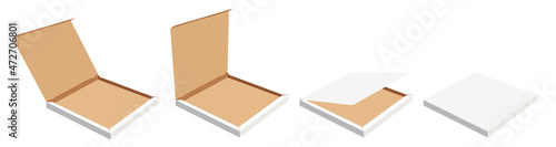 Pizza packaging. Pizzas box with open cap, empty package boxes and delivery packages mockup 3d isolated vector illustration set