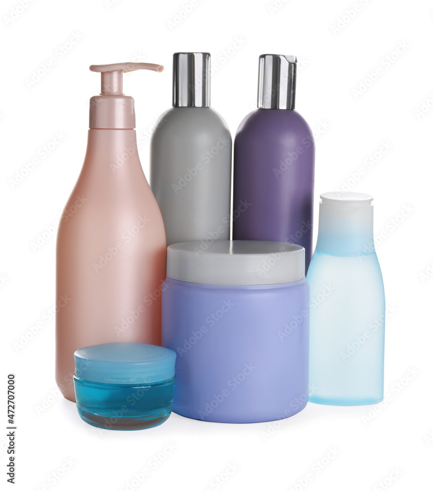 Many different cosmetics products on white background Many different cosmetics products on white background