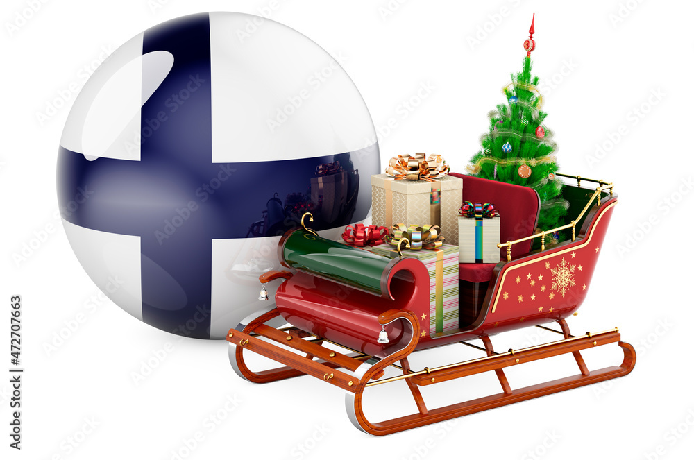 Christmas in Finland, concept. Christmas Santa sleigh full of gifts with Finnish flag. 3D rendering