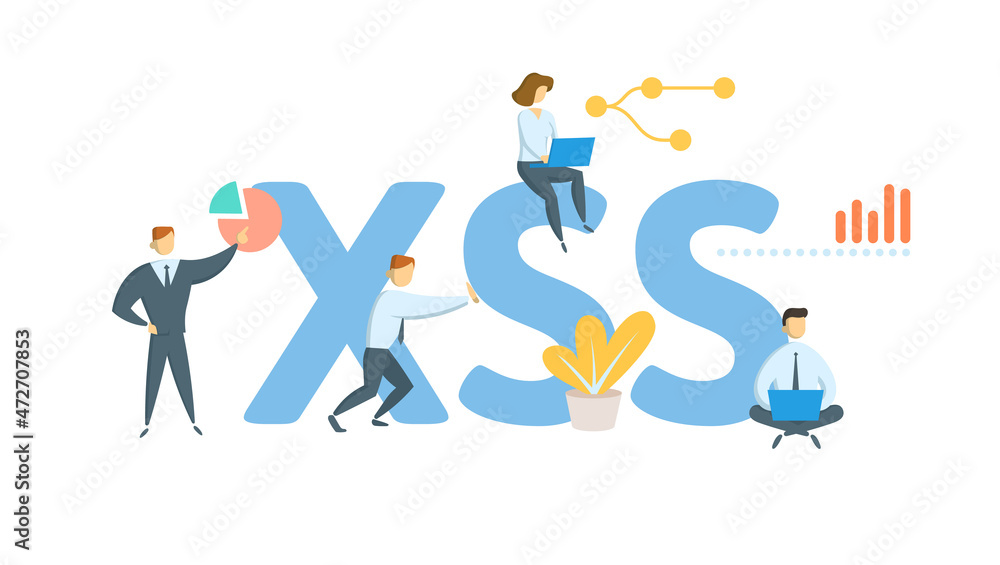 XSS, Cross-site Scripting. Concept with keyword, people and icons. Flat vector illustration. Isolated on white.