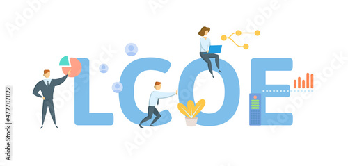 LCOE, Levelized Cost Of Energy. Concept with keyword, people and icons. Flat vector illustration. Isolated on white.
