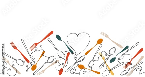 Pattern with Spoons and Forks. Cooking Background. Continuous drawing style. Can be yused for  to decorate a cook book, in social media, websites, for menu, banner, flyer, cover, restaurant identity
