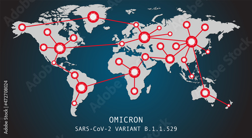 Omicron Covid-19 coronavirus variant pandemic spread around the world map. Flat design Illustrations
