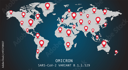 Omicron Covid-19 coronavirus variant pandemic spread around the world map. Flat design Illustrations