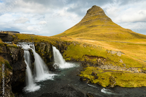 Europe  Iceland. Iconic view of Kirkjufell mountain with waterfall in foreground.