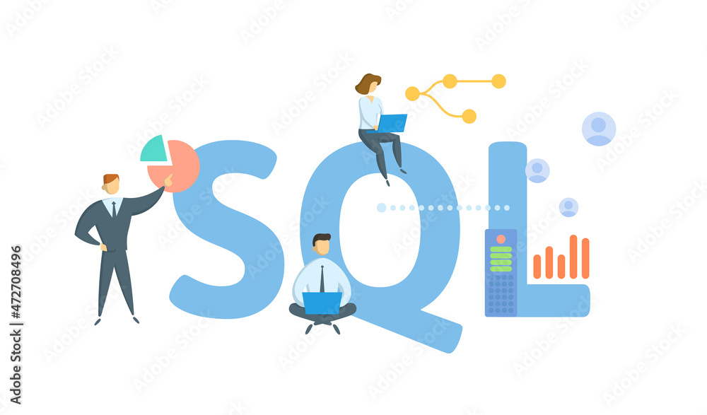 SQL, Structured Query Language. Concept with keyword, people and icons. Flat vector illustration. Isolated on white. SQL, Structured Query Language. Concept with keyword, people and icons. Flat vector illustration. Isolated on white.