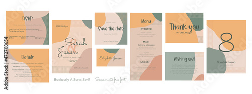 Big set of wedding cards for boho wedding. Abstract invitation, save the date and rsvp card template design