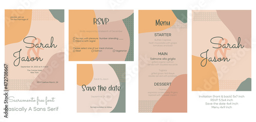 Wedding invitation 5x7 inches template. Set of marriage designs with rsvp, save the date 4x4 and menu 4x9 inches ornament postcards