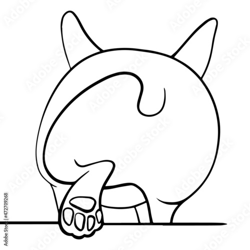 vector funny line art illustration of walking corgi dog from the back with raised paw. useful for advertising pet products, dog products, pet shops, dog food, animal shelters, logo, emblem, print.
