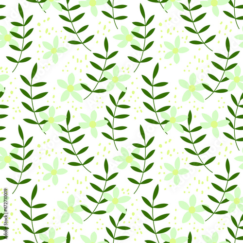 Delicate pattern with small white flowers and leaves. Seamless background.