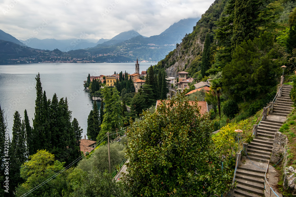 Overview on Lake Como from Varenna in cloudy weather, Lombardia - Italy