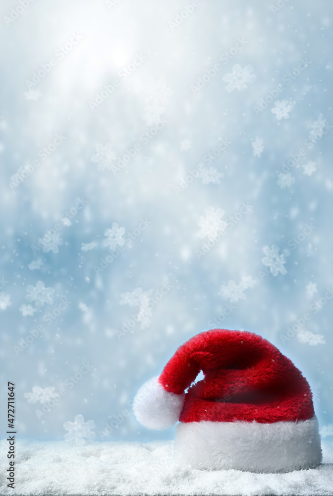 Santa claus hat with snow and blue snowfall background Santa claus hat with snow and blue snowfall background