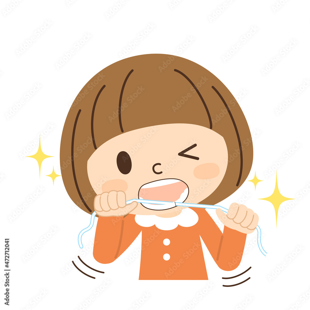 歯のフロスをする女の子 歯のフロスをする女の子