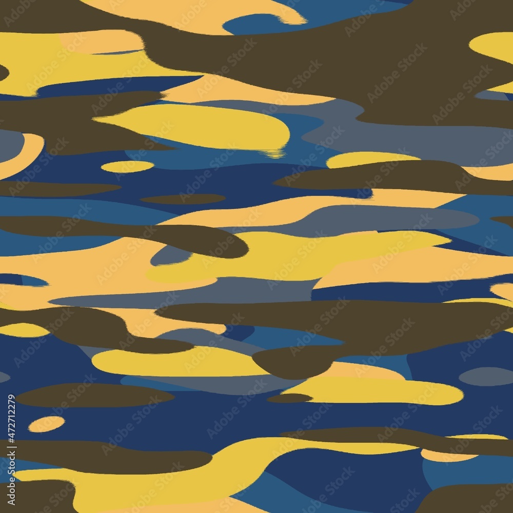 Obraz premium Seamless colorful happy camoflauge inspired surface pattern design for print. High quality illustration. Random military style abstract shape textile apparel fashion non-print for kids or adults.