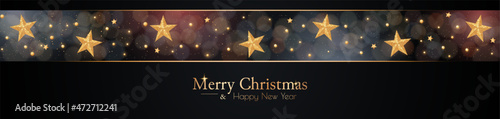 Christmas banner with gold glitter snowflakes, stars and magic bokeh. Vector illustration